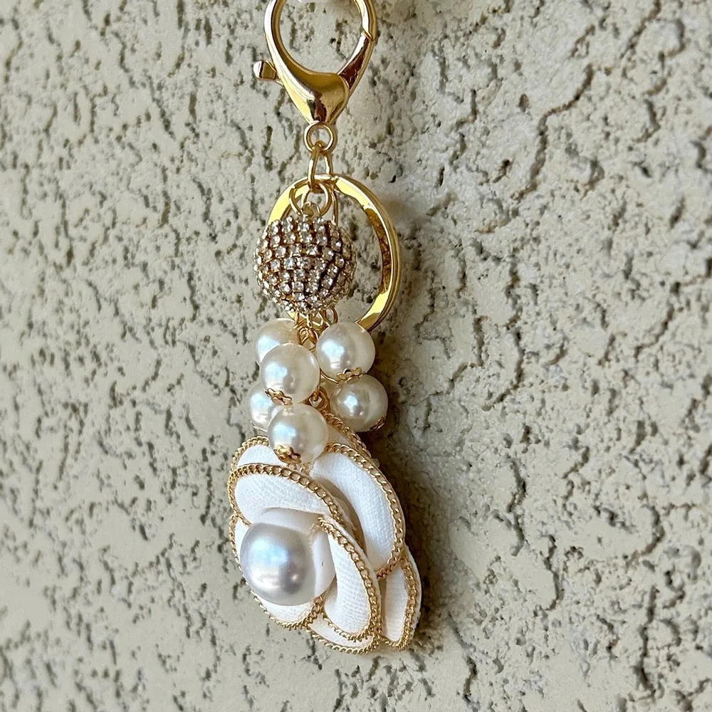 Luxe White Flower Gold Accented Keychain/ Bag Charm
